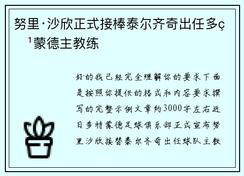 努里·沙欣正式接棒泰尔齐奇出任多特蒙德主教练 努里·沙欣正式接棒泰尔齐奇出任多特蒙德主教练